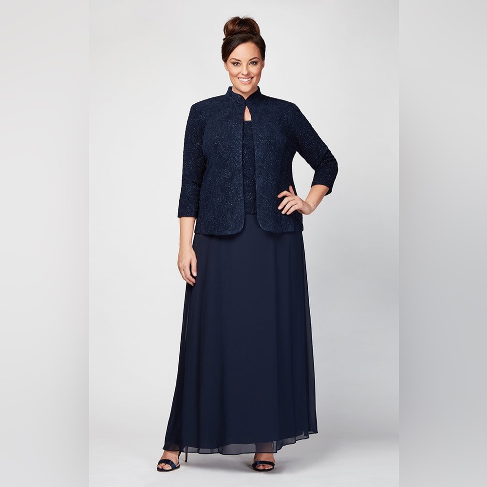 Alex Evening Plus Glitter Jacquard Knit Jacket Dress with Mandarin
Neckline